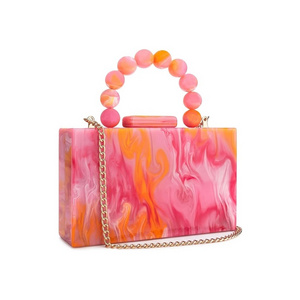 Special New Color Custom Marble Evening Handbag Clutch Square Box Acrylic Bag With Bead Handle Clutch Purse Wallet