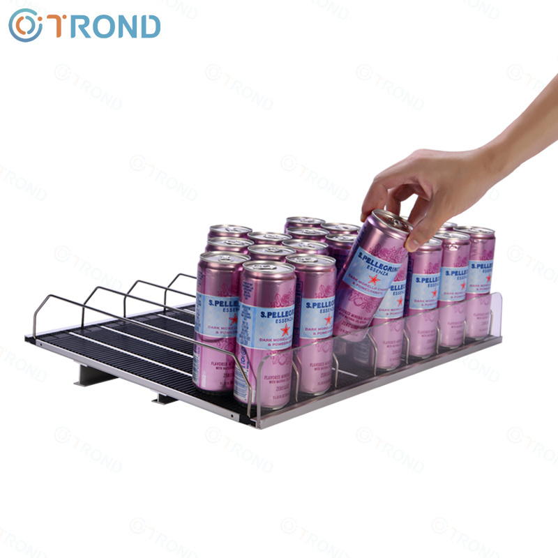 supermarket equipment dispenser drink organizer for fridge metal display stand roller shelf sliding track gliding tray