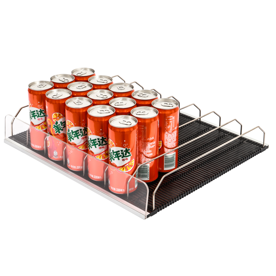 Auto front sliding beverage cooler roller shelf system glides flex gravity pusher system roller shelves