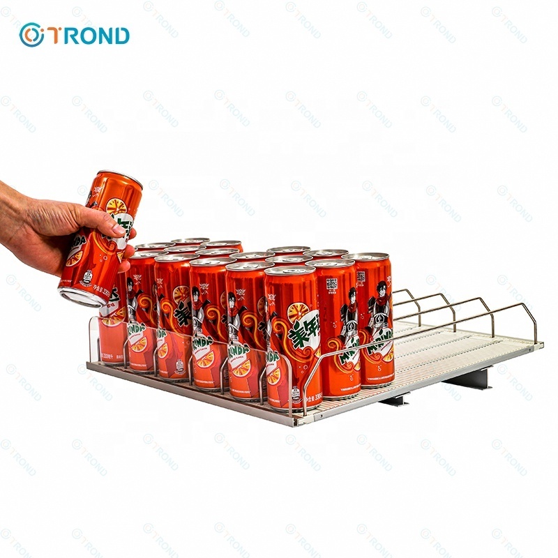 Auto front sliding beverage cooler roller shelf system glides flex gravity pusher system roller shelves