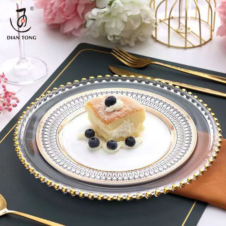 DianTong hot sale custom logo wedding gold/silver/rose gold beaded clear plastic glass charger plate