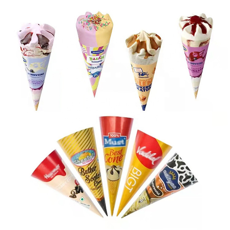 Disposable Eco Friendly Custom printed 18-22 Degree Ice Cream Cone Paper Wrapping Cone Sleeves