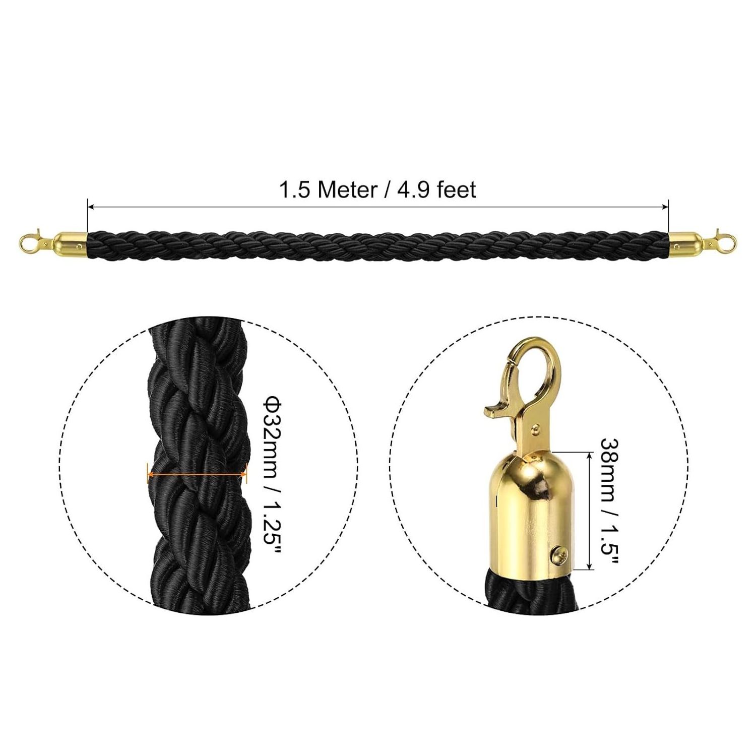 2 Pack 1.5m/5Ft Barrier Rope Twisted Post Ropes with Snap Hooks for Posts Stands Queue Divider Crowd Control of Hotel