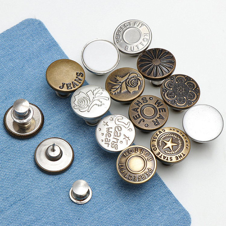 Oem Logo No Sew Nail-free Pin Jeans Buttons Without Nail Adjustable Detachable Studless Tack Instant Jeans Button For Jeans