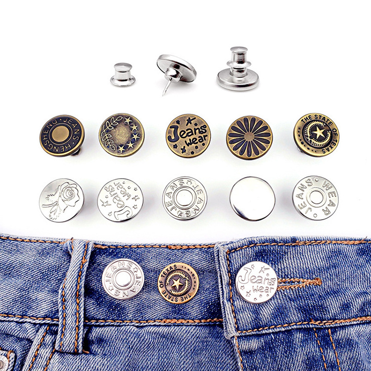 Oem Logo No Sew Nail-free Pin Jeans Buttons Without Nail Adjustable Detachable Studless Tack Instant Jeans Button For Jeans