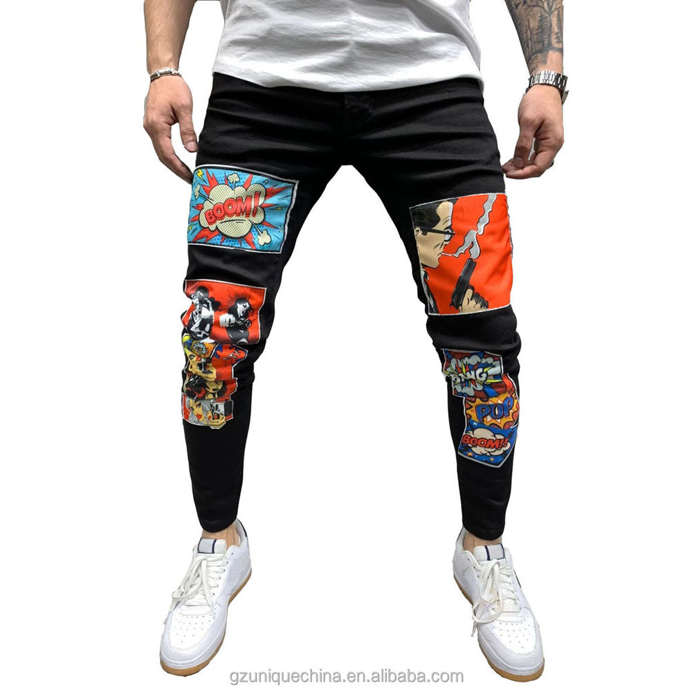 High Quality Mens Denim printing patch slim fit hip hop Jeans Bulk Wholesale skinny Jeans For Men