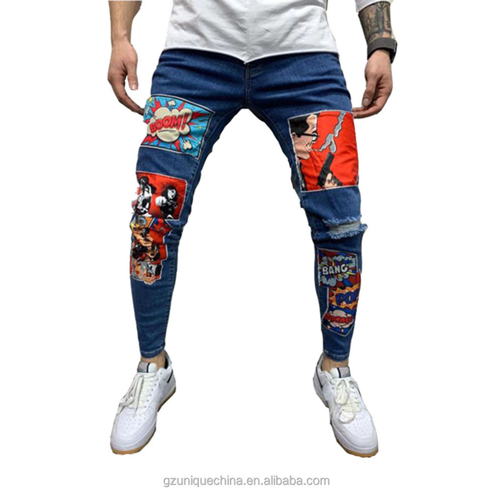 High Quality Mens Denim printing patch slim fit hip hop Jeans Bulk Wholesale skinny Jeans For Men