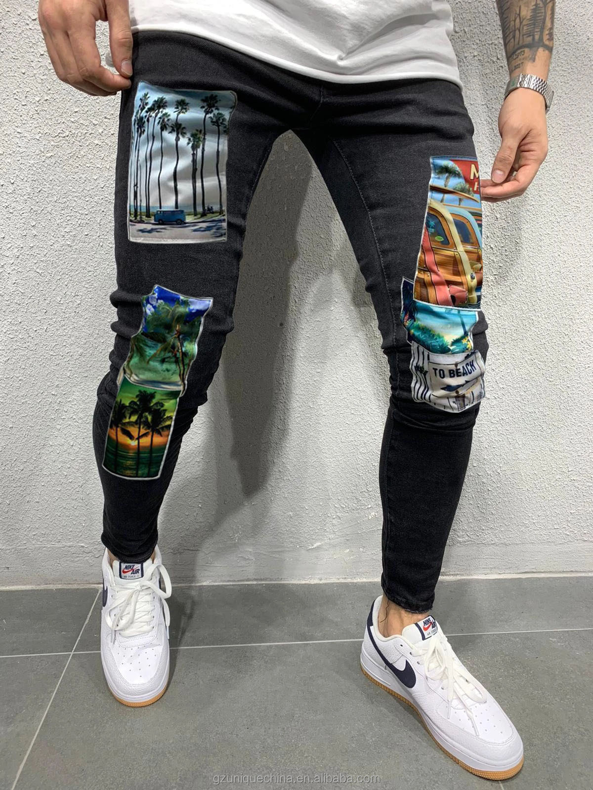 High Quality Mens Denim printing patch slim fit hip hop Jeans Bulk Wholesale skinny Jeans For Men