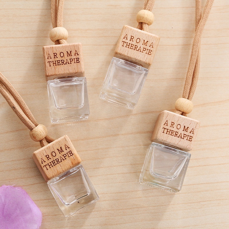 8ml Air Freshener Perfume Diffuser Empty Clear Frosted Square Car Hanging Perfume Bottle With Triangle Wooden Cap