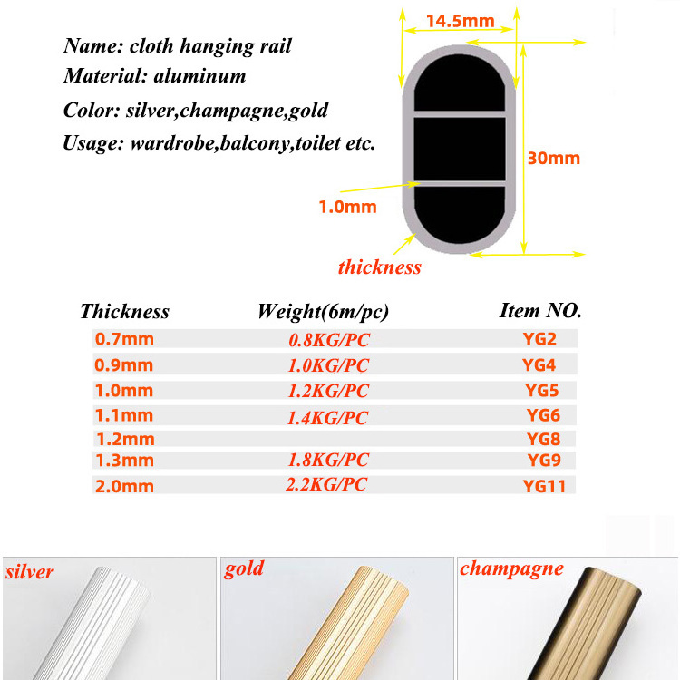 hot sale wardrobe Closet Rod fitting hardware 16 mm aluminum cloth hanging wardrobe oval tube support for clothes