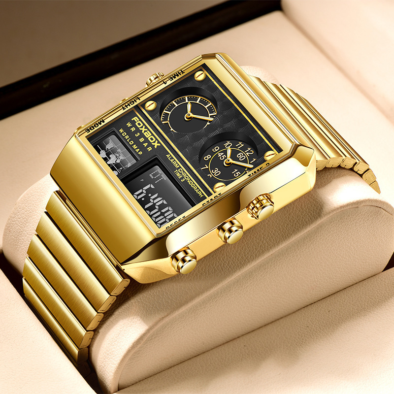 FOXBOX 0011 unique golden man digital watch best power Stainless steel band 3 dials double display big sports watch factory