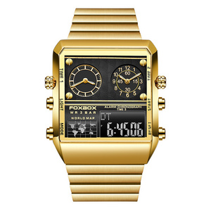 FOXBOX 0011 unique golden man digital watch best power Stainless steel band 3 dials double display big sports watch factory