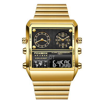 FOXBOX 0011 unique golden man digital watch best power Stainless steel band 3 dials double display big sports watch factory