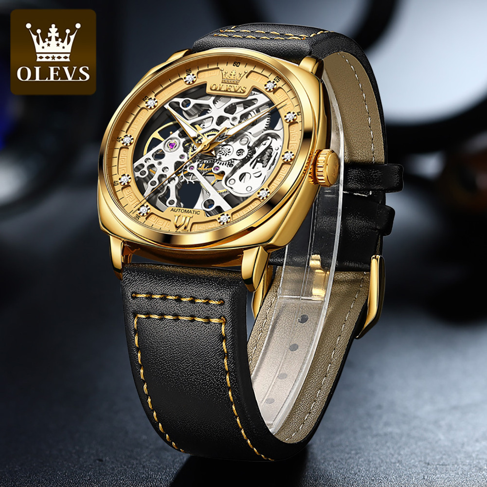 OLEVS 6651 new design men mechanical watch superior leather band Waterproof flying tourbillon watch Luminous rugged wrist watch