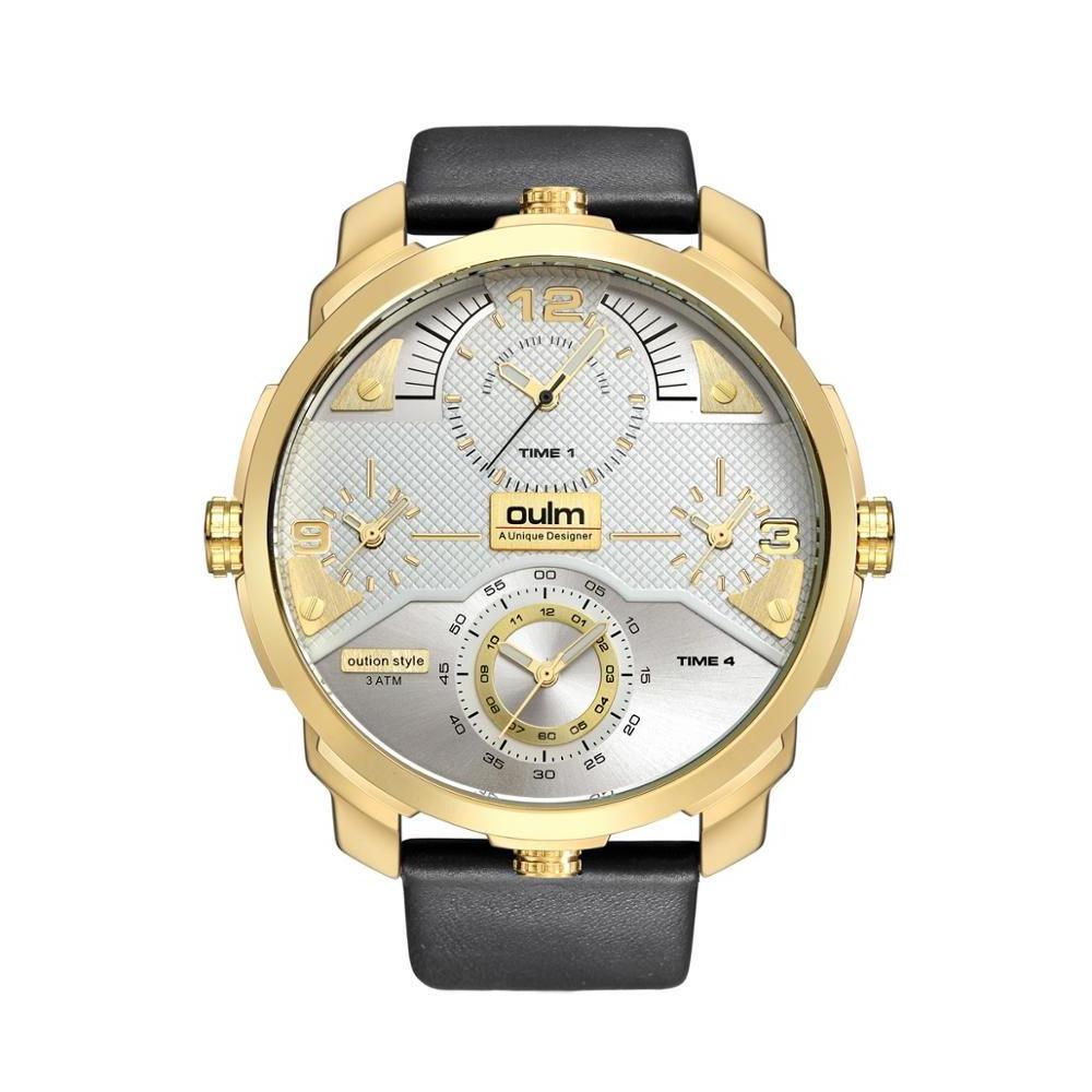 Oulm 3749 intrinsically golden boys quartz watch nice stainless steel band more time zone unique business fly watch for sale