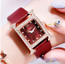 GUOU 8214 classic China lady quartz watch buy PU leather strap Diamond square vintage Leisure reloj watch