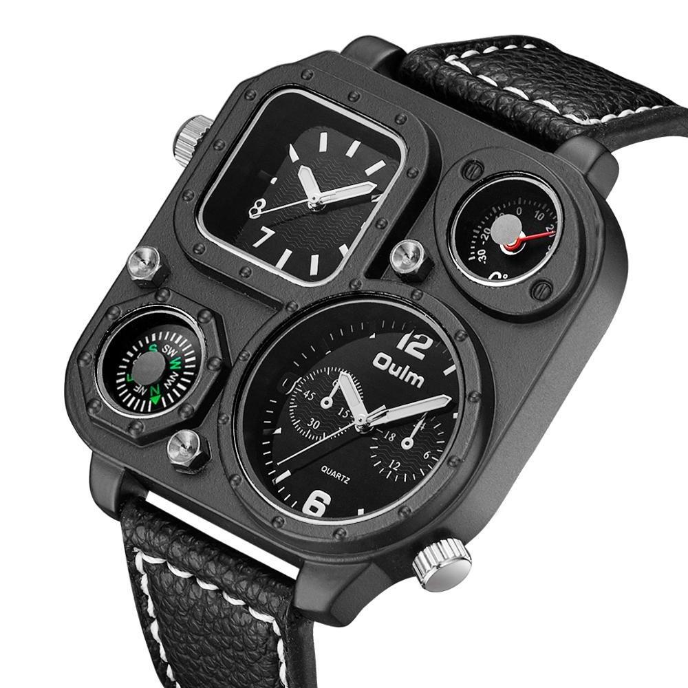 Oulm 1169 classic black male quartz watch superior PU leather band world time compass thermometer  watch manufacturer