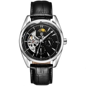 Tevise 795a New Brand Men's Automatic Black Leather Watch moon face Waterproof automatic mechanical Wrist Watch