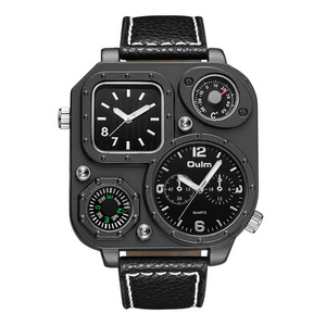 Oulm 1169 classic black male quartz watch superior PU leather band world time compass thermometer  watch manufacturer