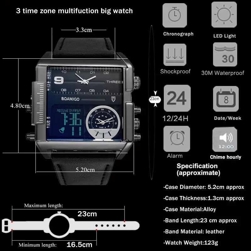 BOAMIGO F920 new style China male digital watch perfect PU leather strap 3 time zone Waterproof giant  sports watch kit