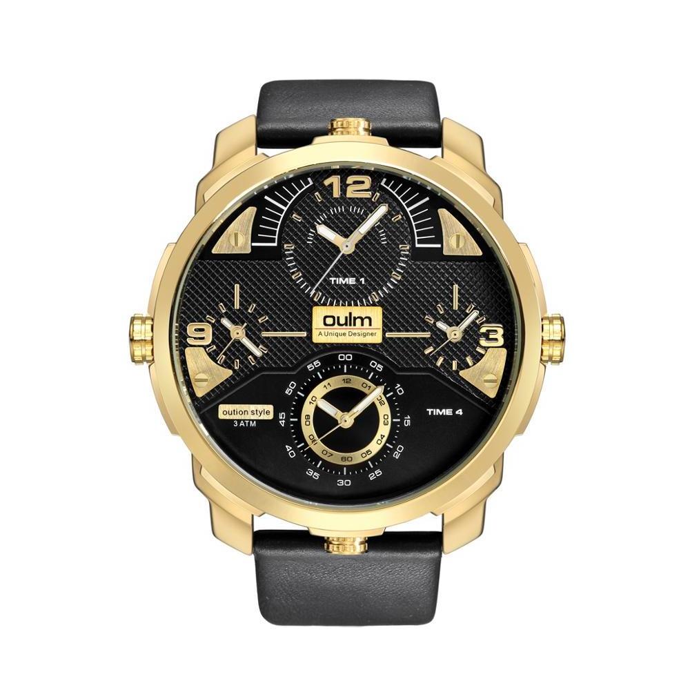 Oulm 3749 intrinsically golden boys quartz watch nice stainless steel band more time zone unique business fly watch for sale