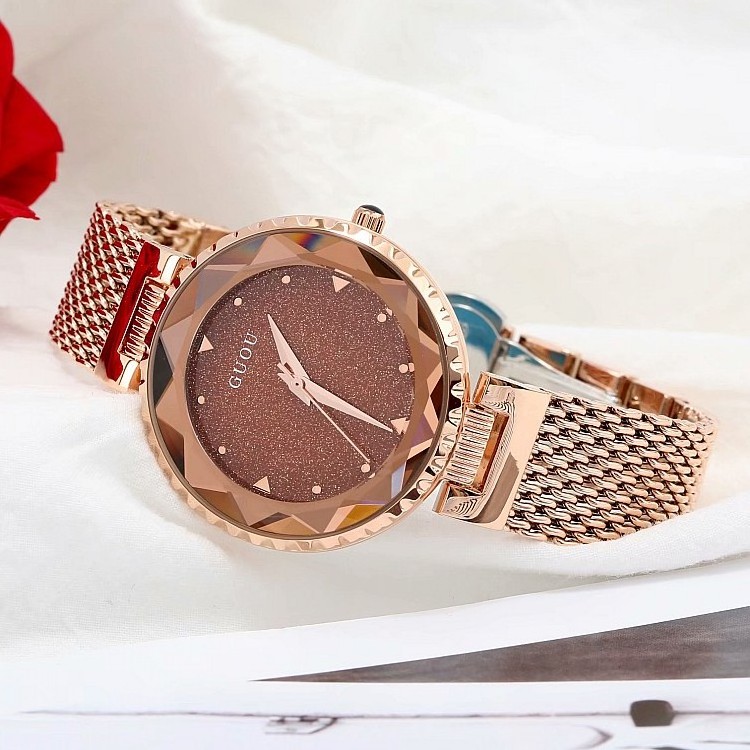 GUOU 66630 luxury rose gold female quartz watch comely Mesh Strap starry sky water resist vintage bracelet reloj watch