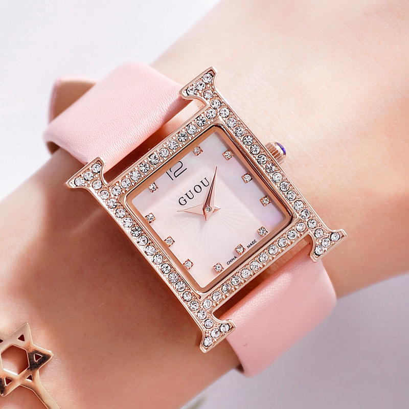 GUOU 8214 classic China lady quartz watch buy PU leather strap Diamond square vintage Leisure reloj watch