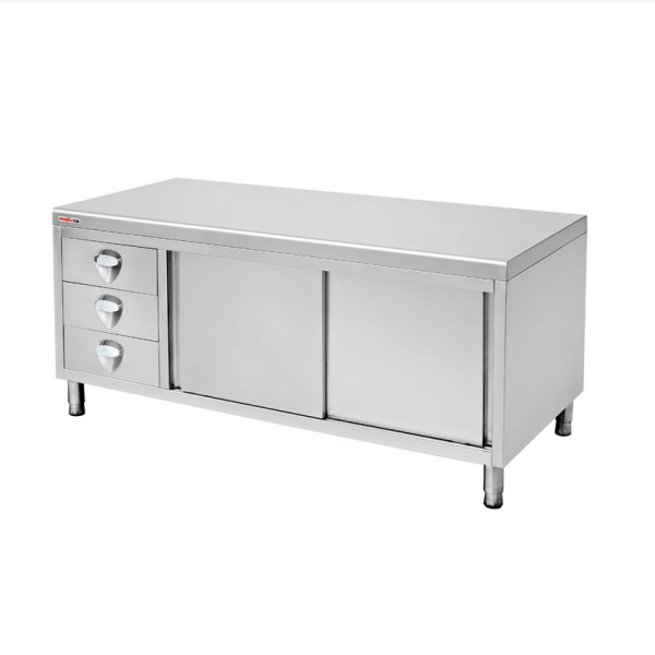 Kitchen Corner Cabinet Stainless Steel Work Table Cooking Cabinet Factory/Restaurant Kitchen Bench Cabinet with Sliding Door