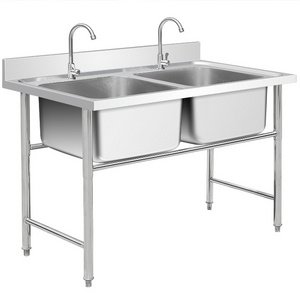 Commercial Sink Industrial Stainless Steel Double Bowl Sink With Under Shelf Restaurant Kitchen Sink Table China Factory