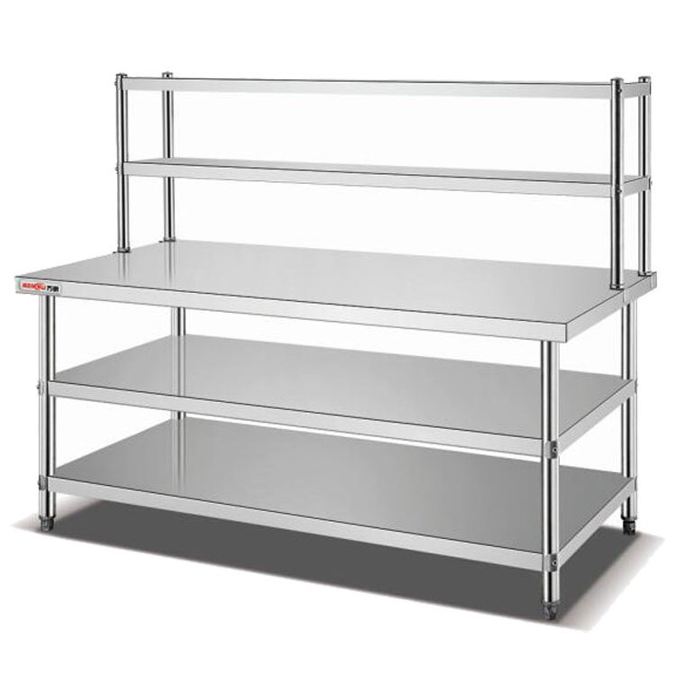 Disassembled Commercial Stainless Steel Kitchen Catering Three Tiers Work Table With Double Top Over Shelf Professional Factory