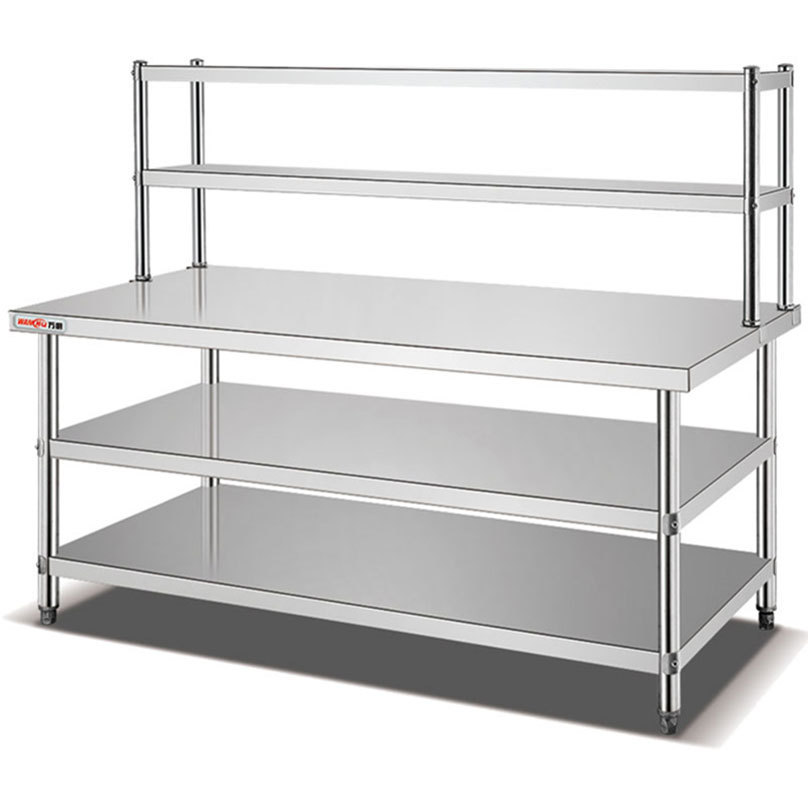 Disassembled Commercial Stainless Steel Kitchen Catering Three Tiers Work Table With Double Top Over Shelf Professional Factory