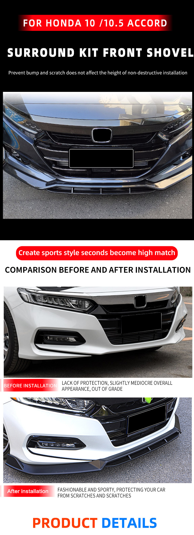 Auto Parts Front Bumper for CV1 3PCS Front Bumper Lip Spoiler for HONDA Accord 2018-2020