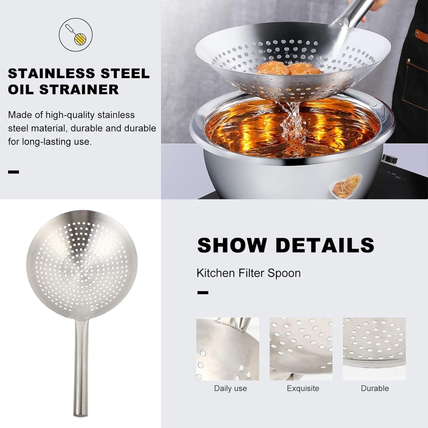 Heavy Duty Stainless Steel Slotted Strainer Oil Filter Mandarin Colander Scoop Oil Skimmer