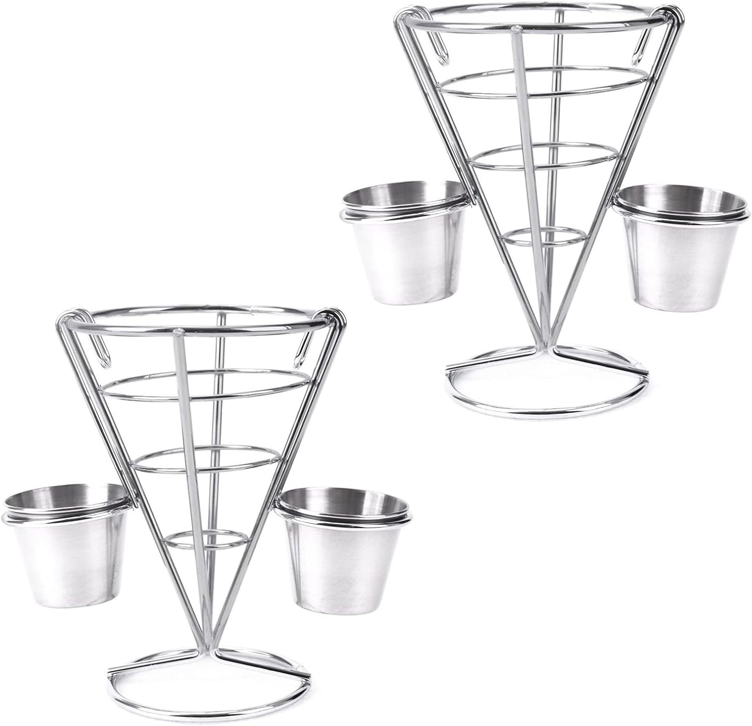 Stainless Steel Fry Cone Basket French Fry Serving Stands W/ WT Double Sauce Holders, Chips Holder