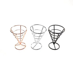 Stainless Steel Fry Cone Basket French Fry Serving Stands W/ WT Double Sauce Holders, Chips Holder