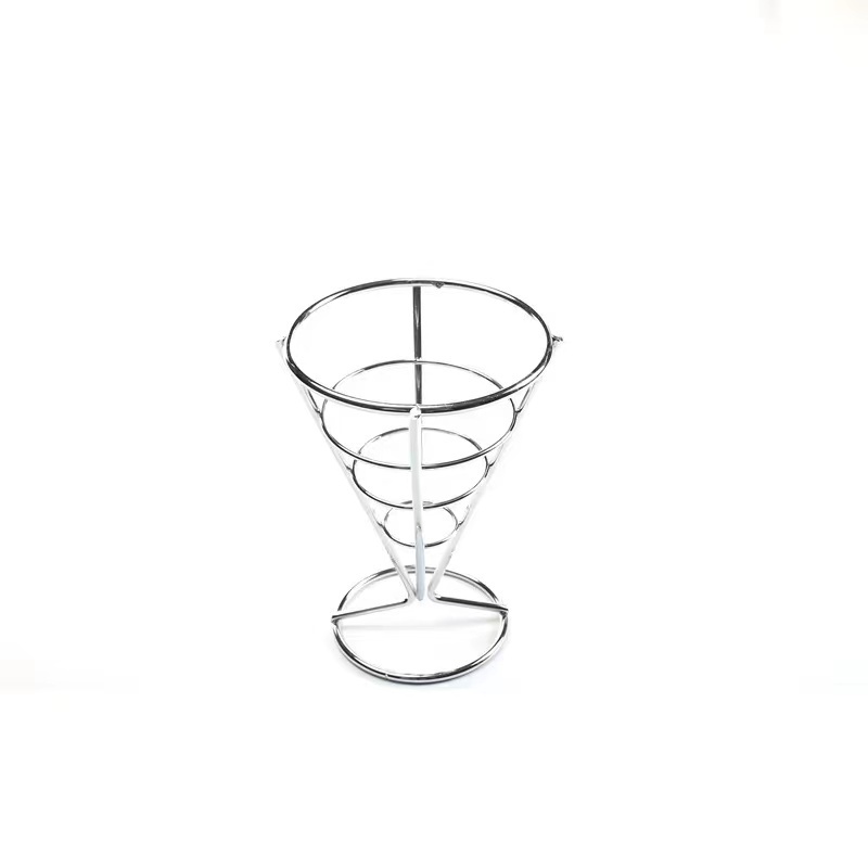 Stainless Steel Fry Cone Basket French Fry Serving Stands W/ WT Double Sauce Holders, Chips Holder