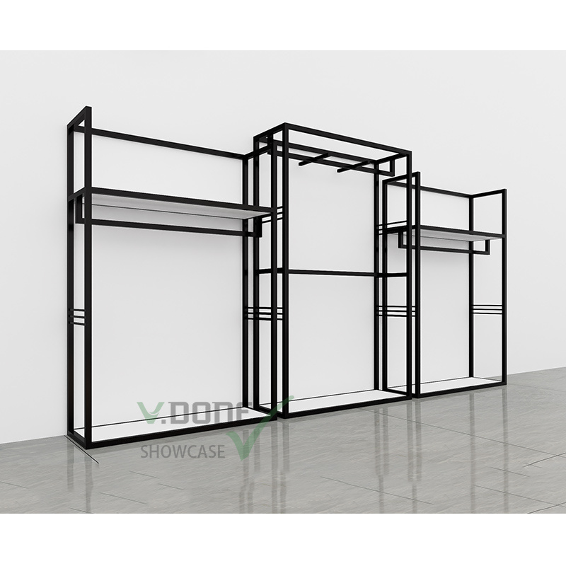 Modern Hanging Garment Commercial Wall Shelving Units Clothes Store Fixtures Shopfitting Boutique Black Clothing Display Rack