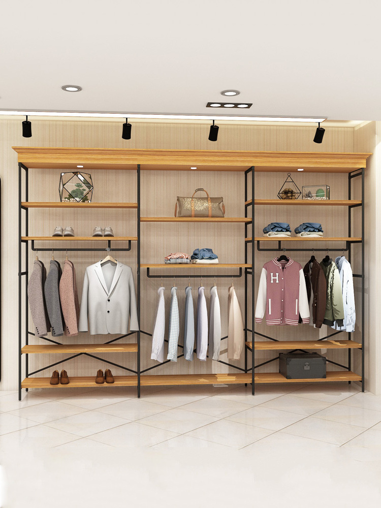 Modern Style Golden Stainless Steel Garment Wall Mounted Clothing  Rack Boutique Clothes Store Standing Display Racks Shelves