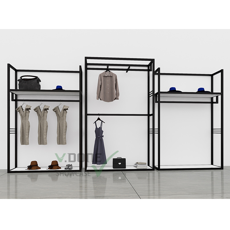 Modern Hanging Garment Commercial Wall Shelving Units Clothes Store Fixtures Shopfitting Boutique Black Clothing Display Rack