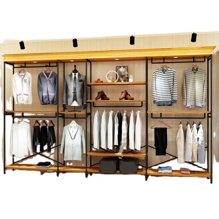 Modern Style Golden Stainless Steel Garment Wall Mounted Clothing  Rack Boutique Clothes Store Standing Display Racks Shelves