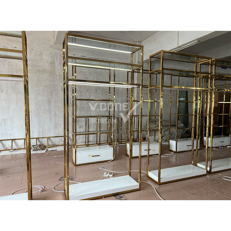 Fashion Boutique Store Layout Hanging Garment Display Rack Golden Clothes Display Stand For Women Clothing Store Furniture