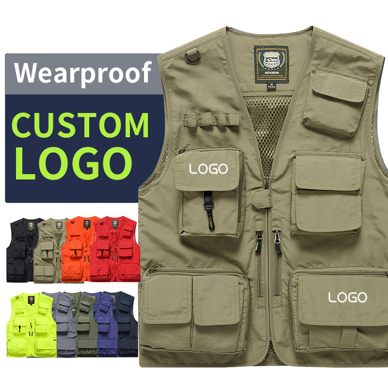 custom print embroidery logo men work cargo photographer black mesh utility Multi-pocket vest