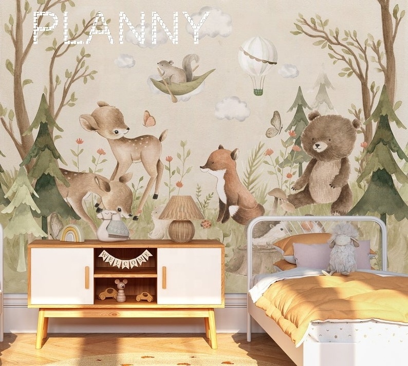 Beautiful attractive colorful LITTLE ONE Botanical forest animals 3D mural wallpaper for TV background home decoration