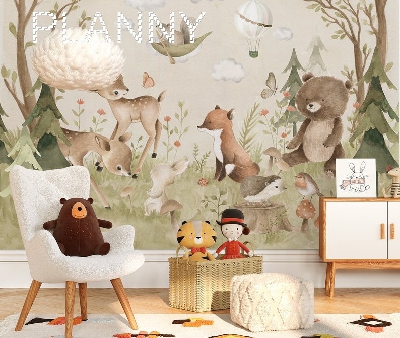 Beautiful attractive colorful LITTLE ONE Botanical forest animals 3D mural wallpaper for TV background home decoration