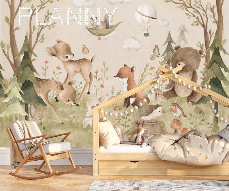 Beautiful attractive colorful LITTLE ONE Botanical forest animals 3D mural wallpaper for TV background home decoration