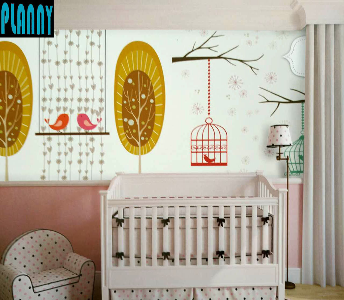 Birds picture Children customized mural for bed room non woven paper  wallpaper for baby room