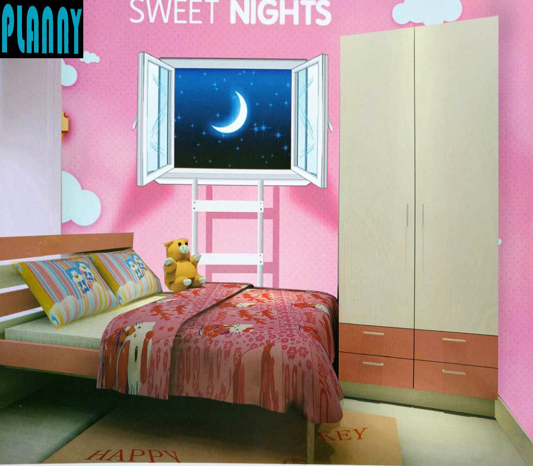 Pink color girls bedroom customized mural non woven paper sweet night wallpaper for baby room