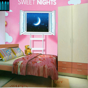 Pink color girls bedroom customized mural non woven paper sweet night wallpaper for baby room