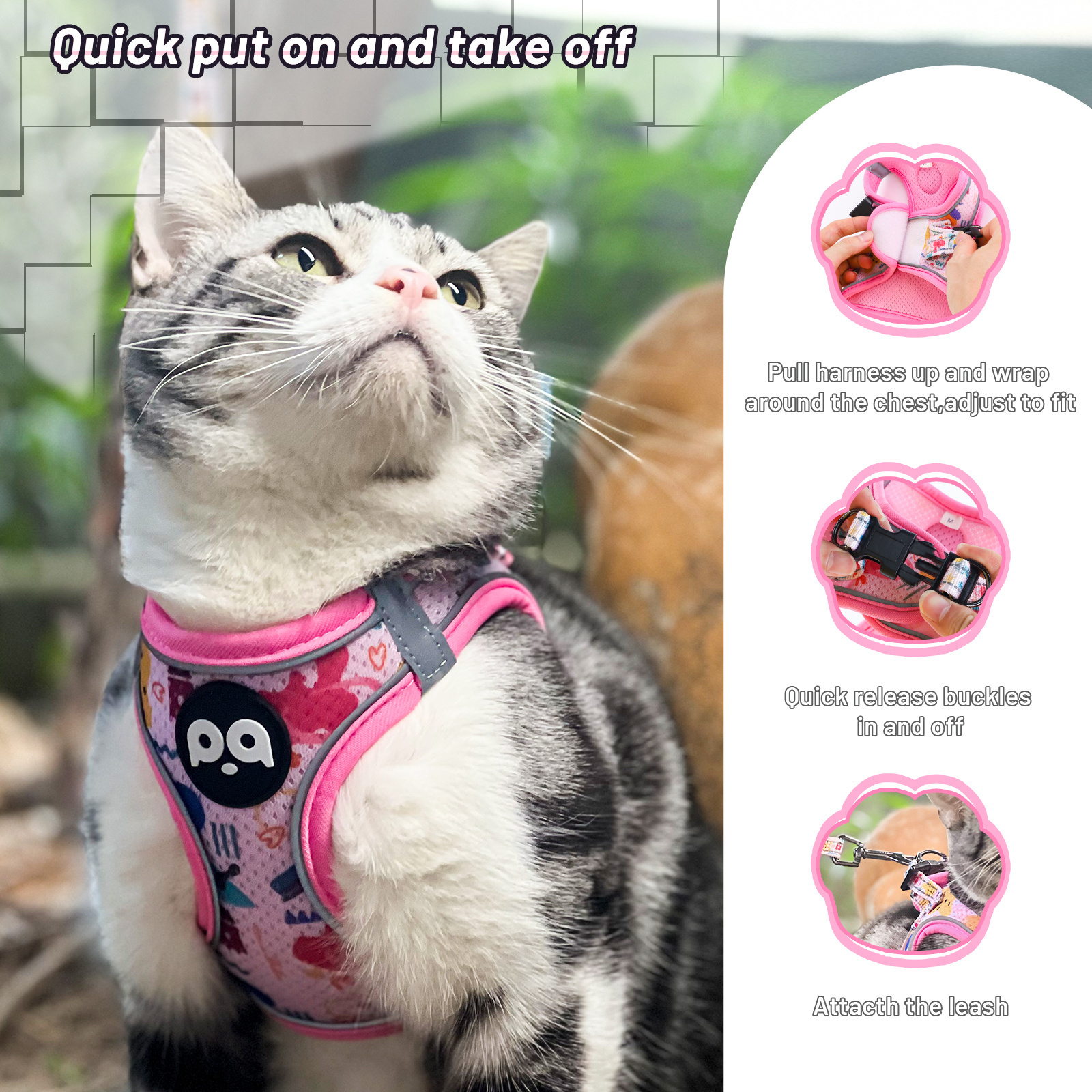 Custom Mesh Cat Harness Vest Escape Proof Black Design Kitten Adjustable Lightweight Breathable Soft Pet Xs Cat Harness