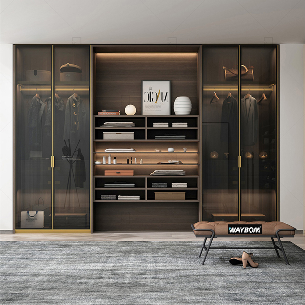 WAYBOM Custom Storage Matt Black Gold Aluminum Profiles Mirrored Doors Jewelry Wardrobe Organizer Closet